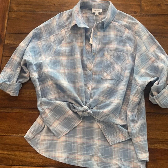 Heyson Lightweight Blue Plaid flannel Oversized Shirt size Small - Picture 11 of 16